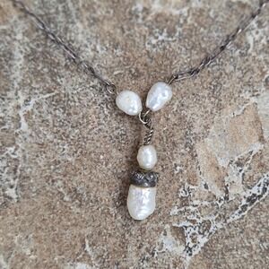 Pearl Pendant‎ Necklace Sterling Silver Dainty Minimalist Y Drop Jewelry